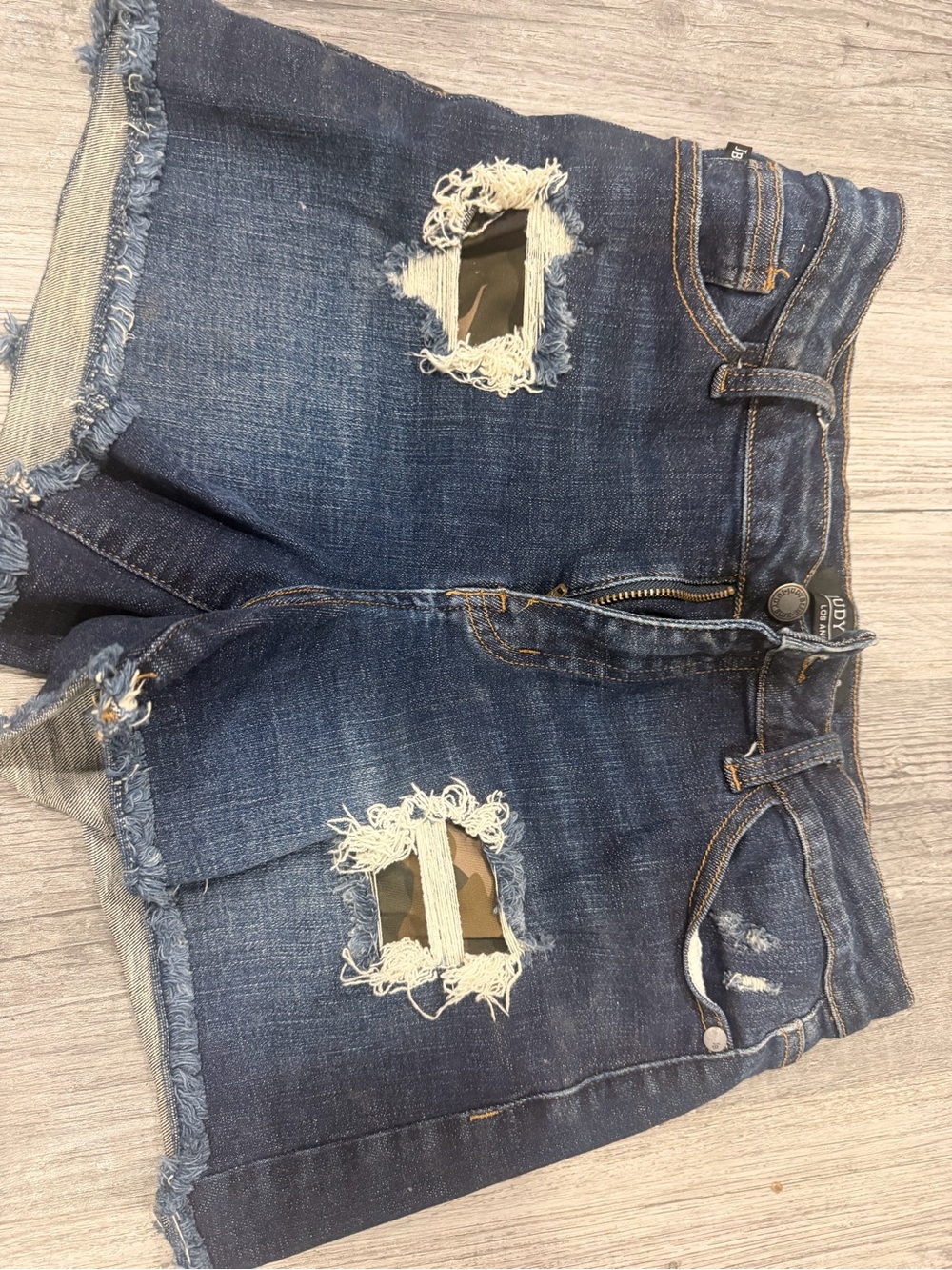 Judy Blue Dark Blue Distressed Denim Shorts with Camo Patches